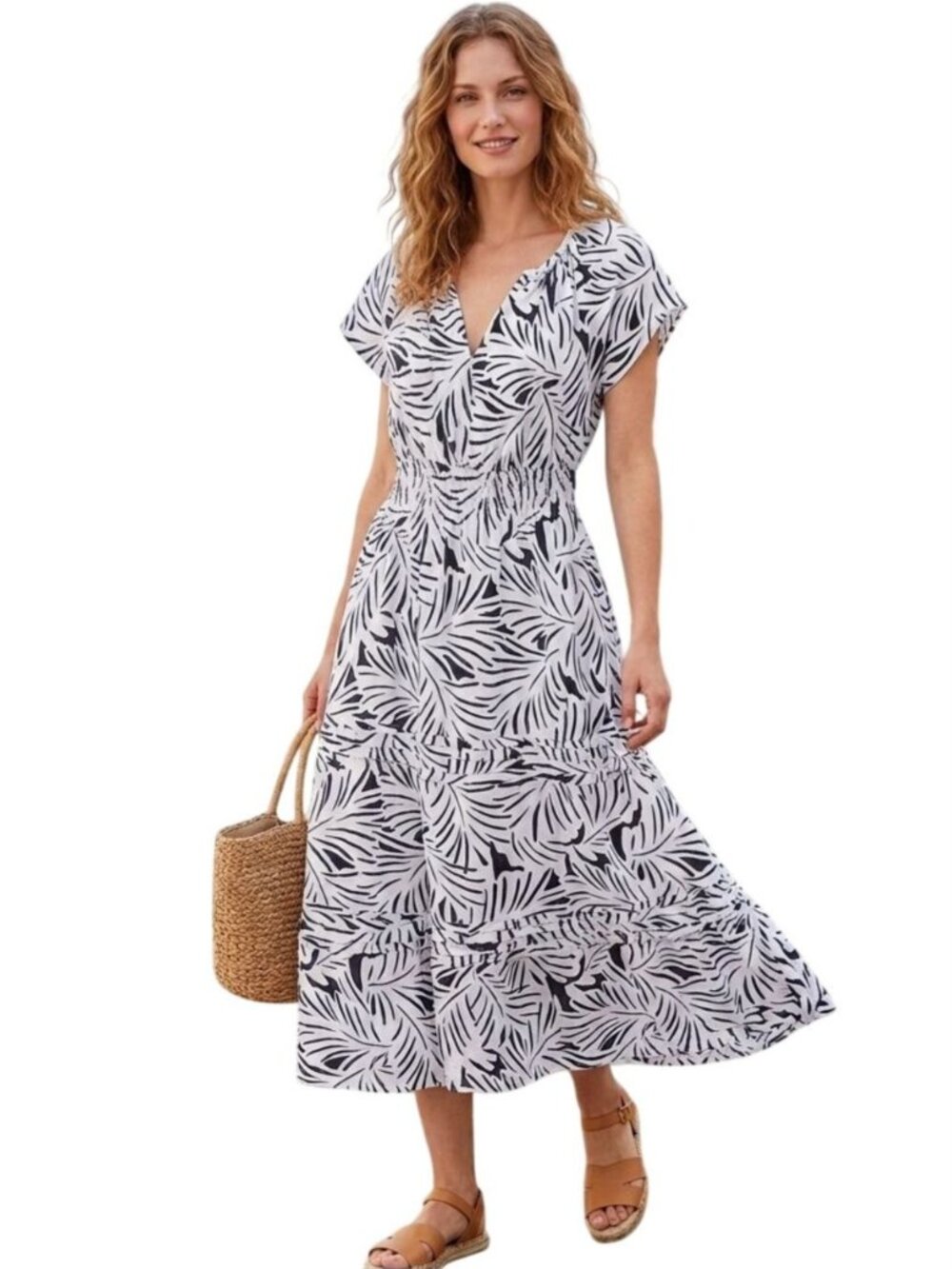 Nicole Miller NWOT Linen Blend V Neck Leaf Flutter Sleeve Midi/Maxi Dress Size S